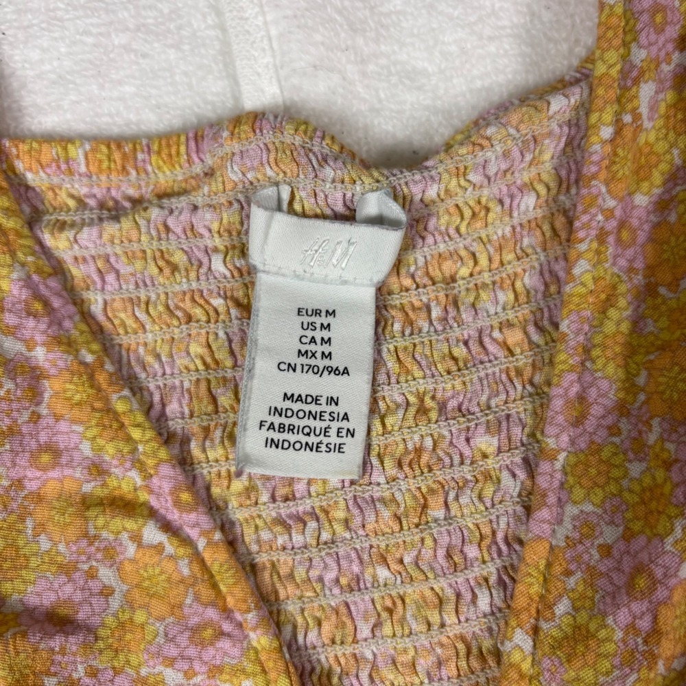 H&M Floral Ruched Crop Top Womens Medium Yellow Pink Cottagecore Boho Festival - Picture 3 of 14